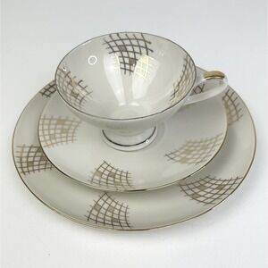 Gold Encrusted Tea Cup Saucer and Lunch Plate Fine China Unmarked Hand Painted